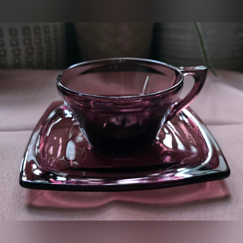 Hazel Atlas Amethyst Purple Glass Teacup and Saucer Set